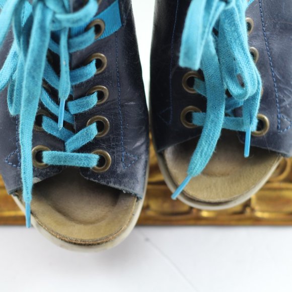 Vintage Fly Girl Blue Leather Peep Toe Wedges - Picture 12 of 15